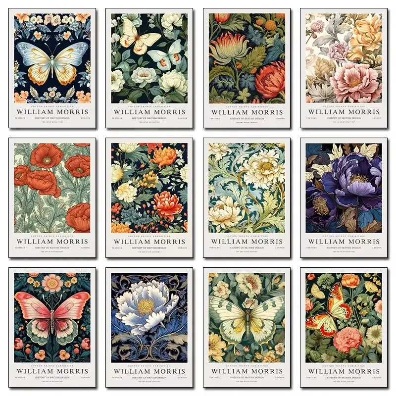 Neutraler William Morris Schmetterling Pflanzenkunst Retro-Kunstwerk Poster Drucke Diamantmalerei Wandbild Wohnzimmer Heim-Dekoration Image