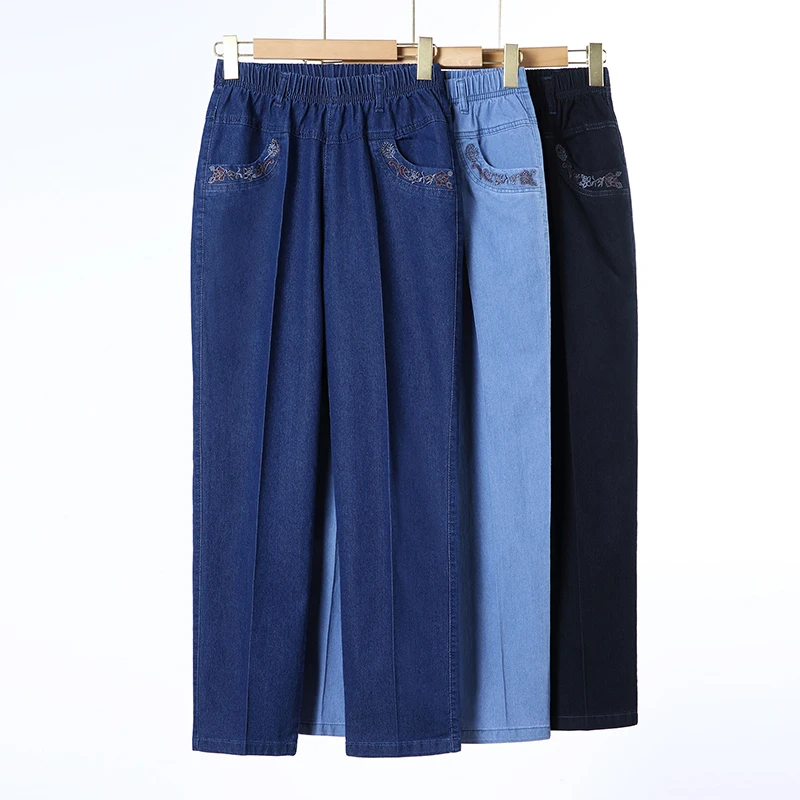 Cowboy-Freizeithose für Damen, Frühling und Sommer, einfarbig, hohe Taille, elastische, knöchellange Hose, weibliche Stickerei-Hose Image