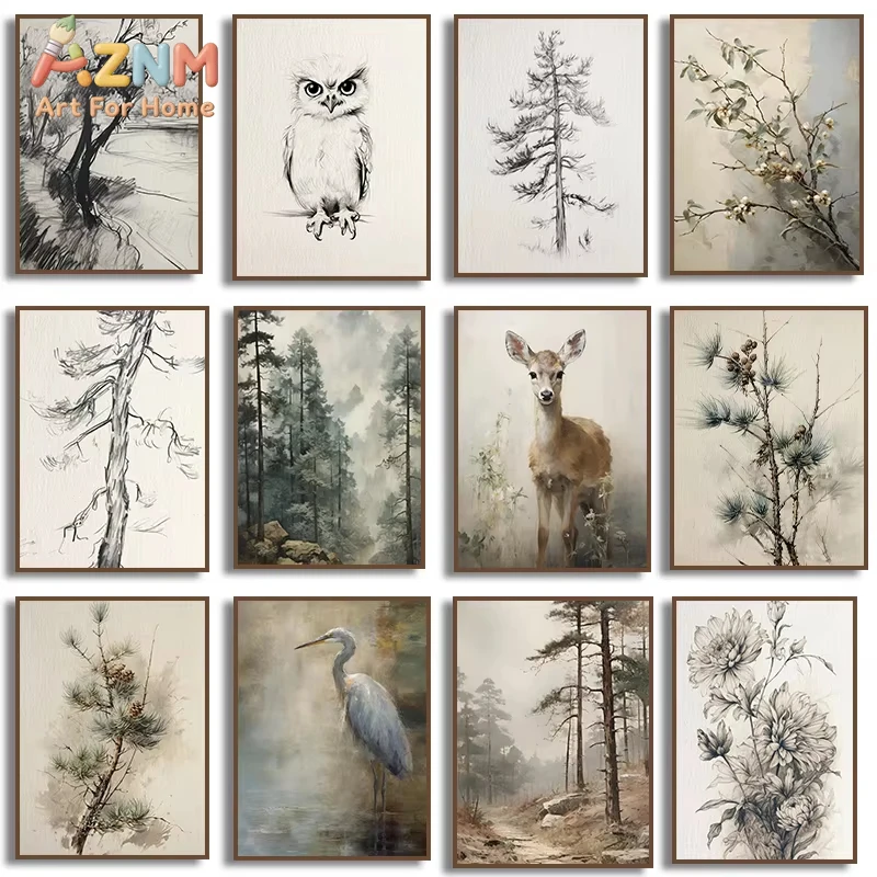 1 Stück Vintage Neutrale Kiefernzweige Hirsch Fuchs Eule Winter Botanischer Wald Baum Poster Leinwanddruck Rustikale Kinderzimmer Wanddekoration