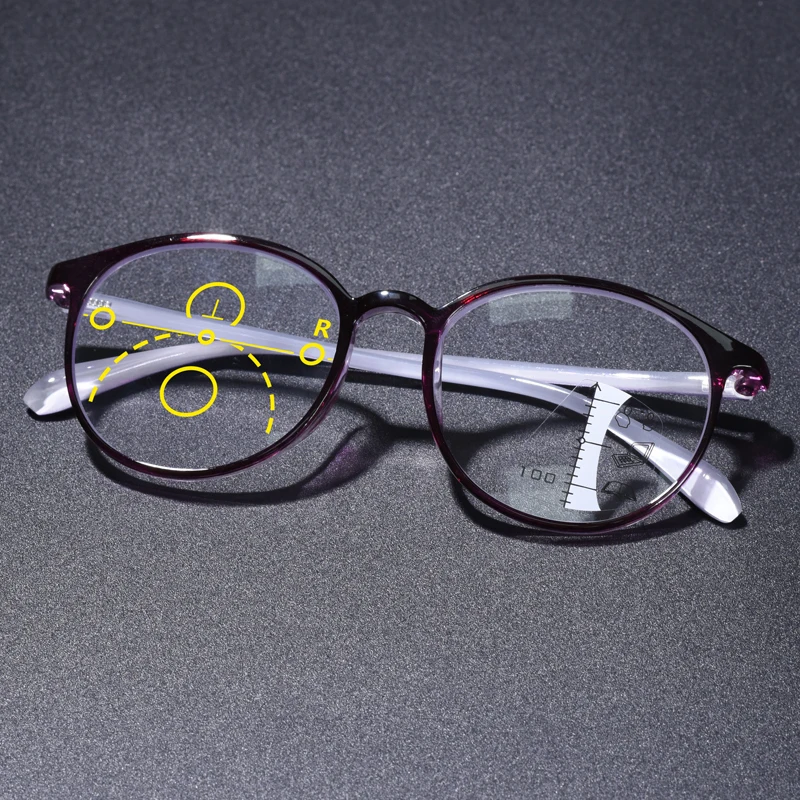 Lila Rahmen Progressive Lesebrille Runder Rahmen Retro Vollrandbrille Damen Verschreibungspflichtige Multifokus-Brille +125 Image