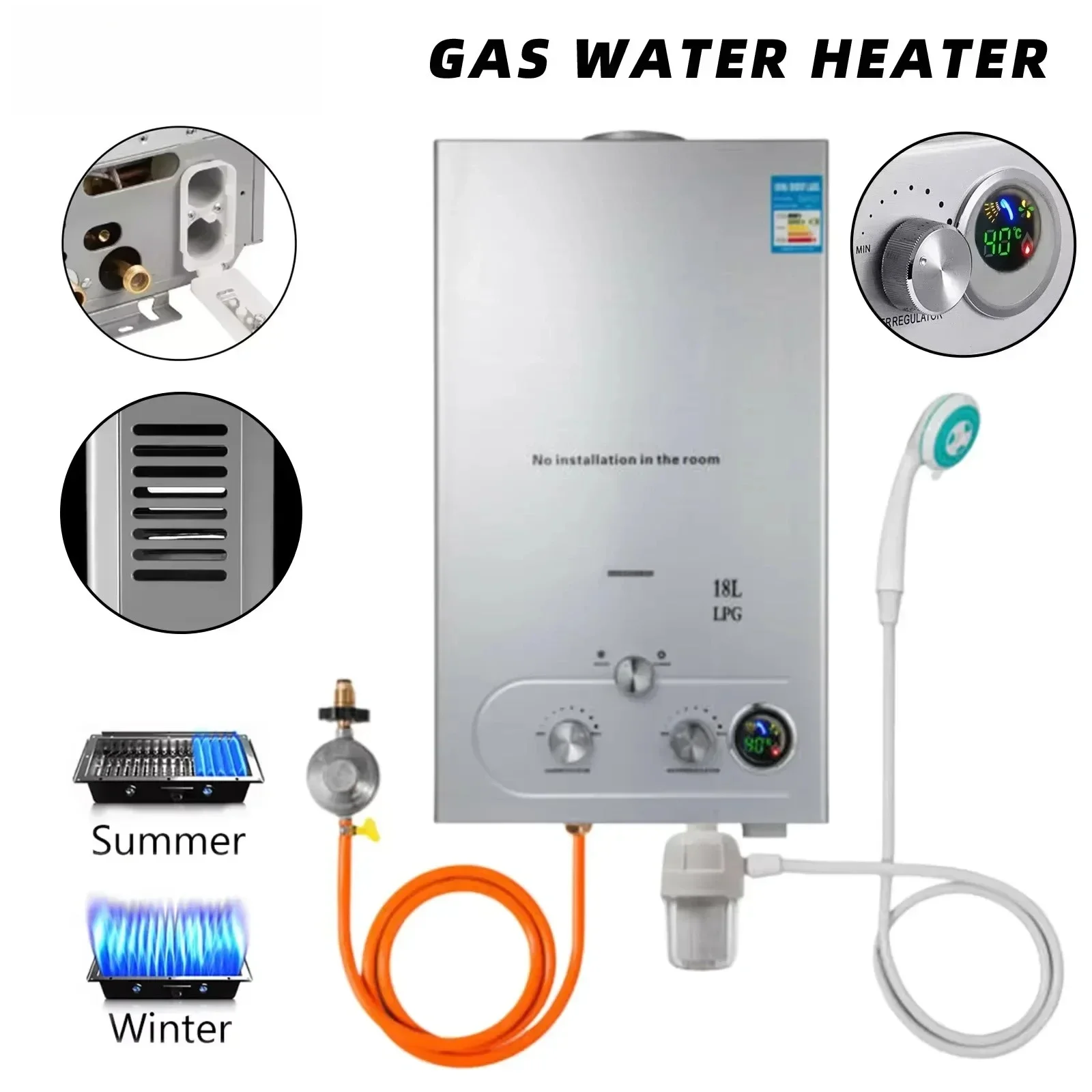 SIHAO 6L 8L 10L 12L 16L 18L LPG Tragbarer Durchlauferhitzer Propangas LPG Wandmontierter Durchlauferhitzer Digitalanzeige Image