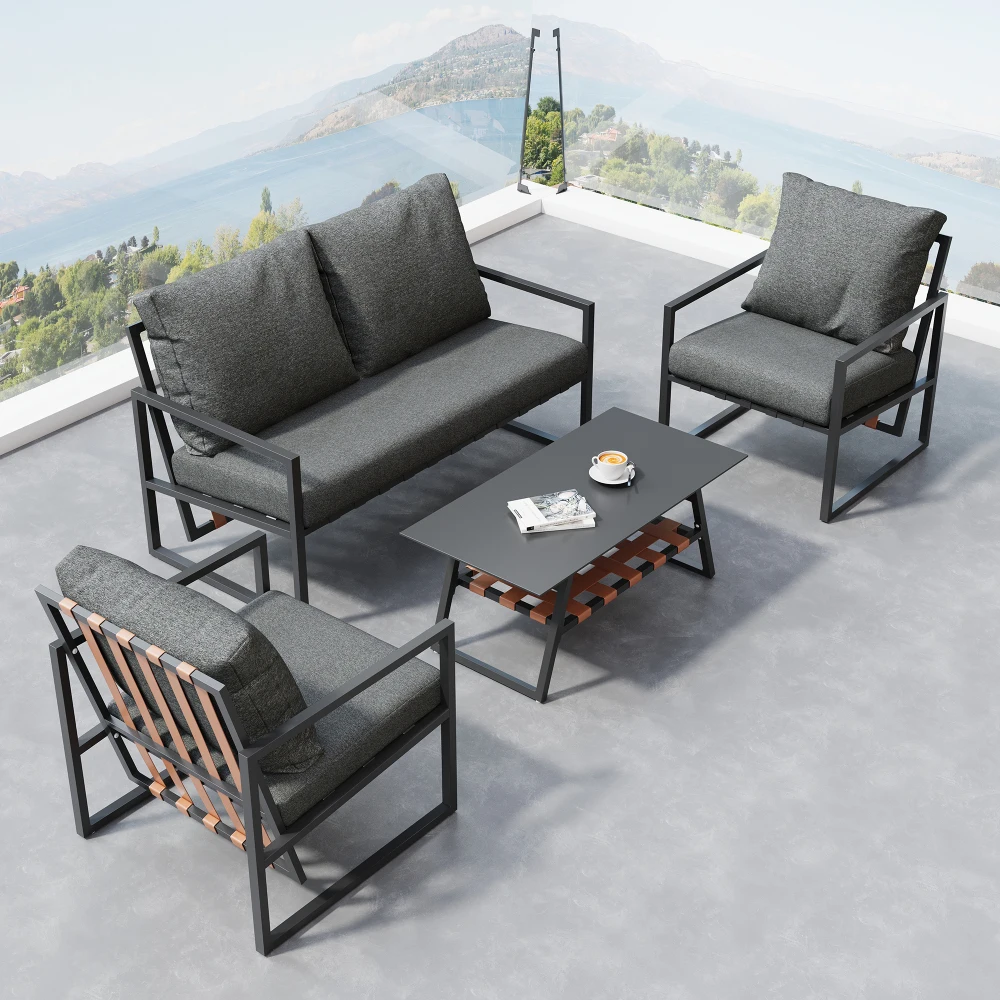 Modernes 4-Sitzer Outdoor-Gartenmöbel-Lounge-Set, Terrassen-Sofa-Set mit Couchtisch & Kissen, Abnehmbarer Waschbarer Stoffbezug