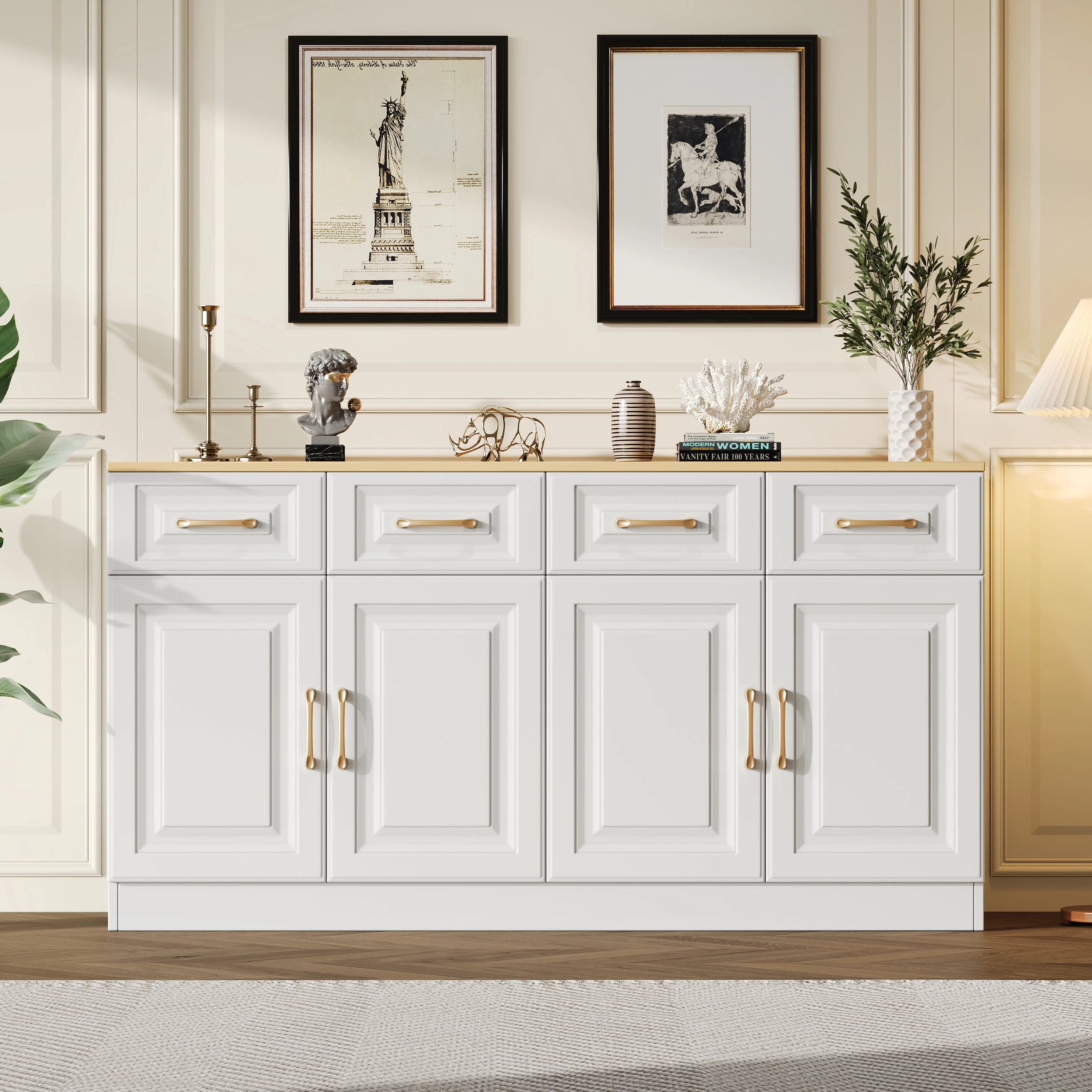 Buffet/Meuble de rangement de 140 cm avec espace de rangement, meuble bar à café avec 4 tiroirs et 4 portes battantes, long meuble de rangement de style moderne