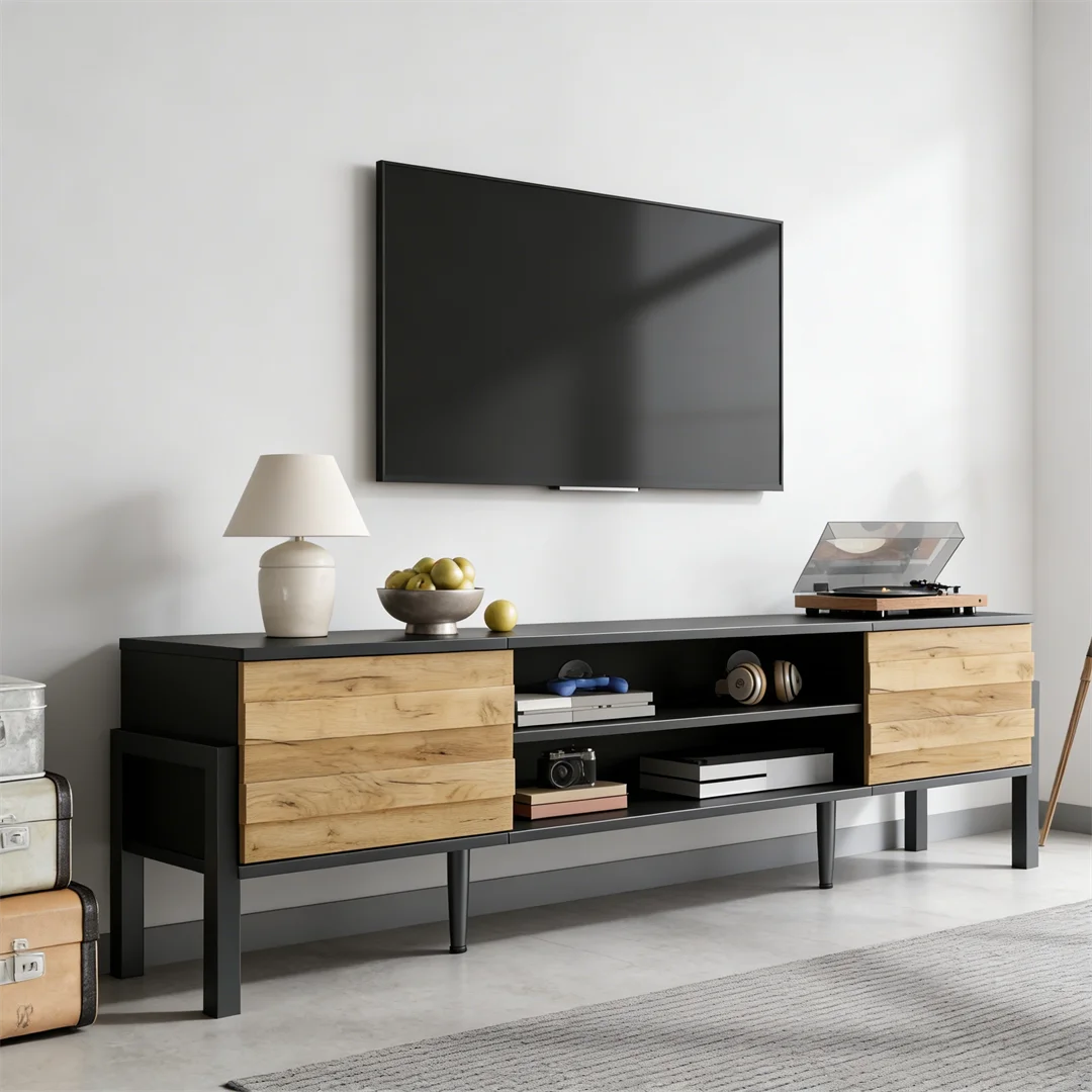 Meuble TV, meuble d'appoint, 175*39.5*53 cm, meuble TV bas de style meuble, avec 2 armoires et espace de rangement ouvert