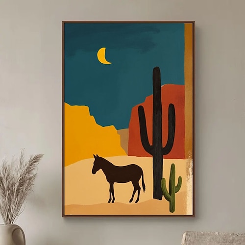Handgefertigte Wandkunst im Südweststil, moderne Western-Dekoration, großes Leinwandbild mit Wüstennacht, abstrakter Landschaft, Kaktus und Pferd