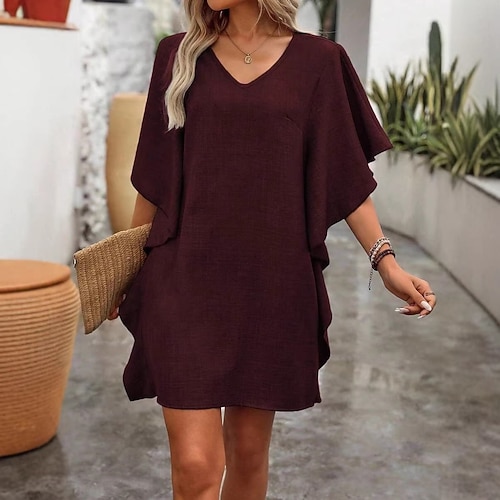 Damen Knielanges Kleid Shiftkleid Freizeitkleid Jeanskleid Mode Klassisch Täglich Outdoor Urlaub Lässiger Schnitt Einfach Kurzarm V Ausschnitt Magenta Schwarz Braun Khaki Sommer Frühling Image