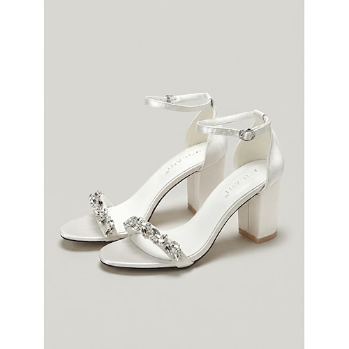 Weiße Strass-Sandalen mit Blockabsatz für Damen – elegante, offene Zehen- und Knöchelriemchen-Sandalen für Cocktailpartys Abendveranstaltungen Image