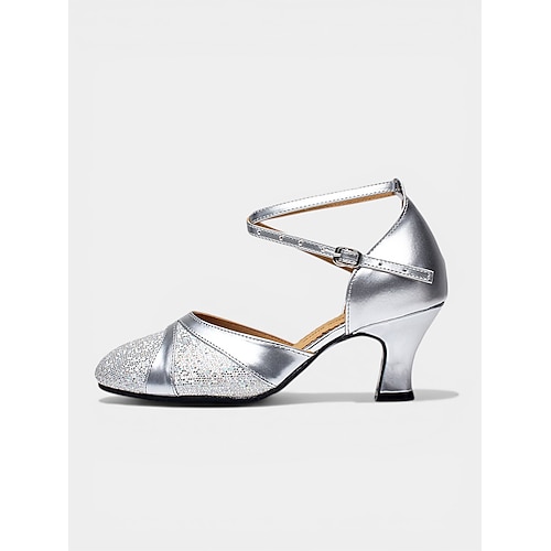 Damen-Standardtanzschuhe in Silber – geschlossene Zehenpartie, Standard Lateinamerikanische Tanzschuhe mit gekreuzten Riemen, professionelles Training Wettbewerb Image