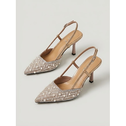 Nudefarbene Slingback-Pumps für Damen – perlenbesetzte Pumps mit spitzer Zehenpartie für Gartenhochzeitsgäste elegante Sommerveranstaltungen Image