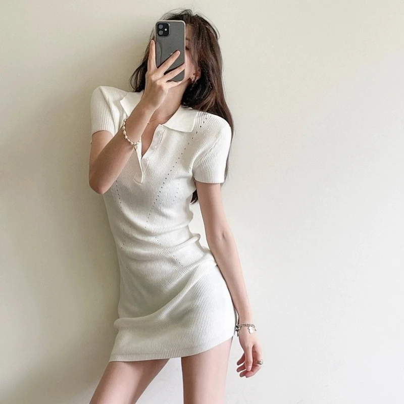 Kurzärmliges Lässiges Strickkleid Damen Minikleider Frühling Sommer Mode Weibliches Elastisches Figurbetontes Hüftbetontes Gestricktes Minikleid Image