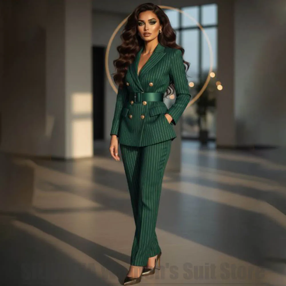 Abito da donna chic a righe Smeraldo Blazer doppiopetto e pantaloni Set Elegante abito da sera formale per feste Elegante 2 pezzi