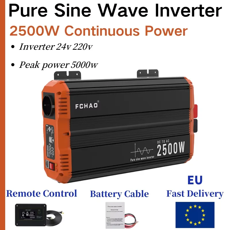 FCHAO 2500W 24V Reiner Sinus-Wechselrichter mit EU-Stecker für Auto, Haus, Wohnmobil und Boot Image
