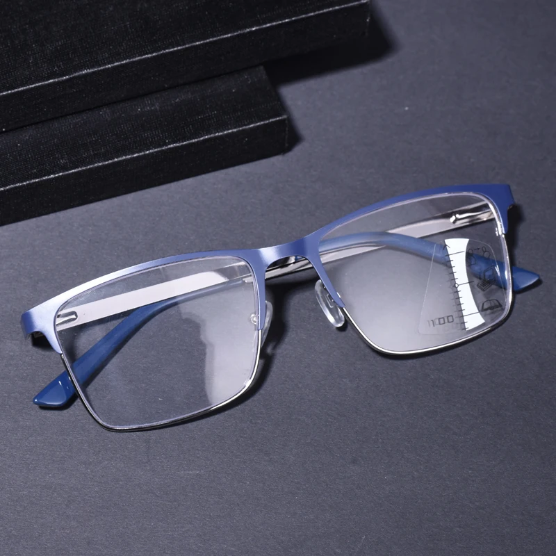 Blaue zweifarbige multifokale Gleitsicht-Lesebrille, Anti-Blaulicht-Multifokalbrille für ältere Menschen, Herren- und Damenbrille mit großem Rahmen E Image