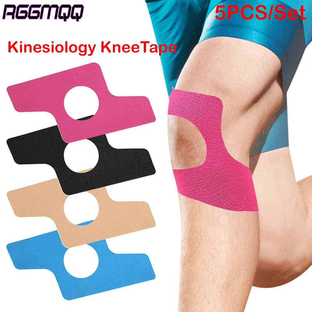 5 Stück vorgeschnittenes Kinesiologie-Tape für Knie – wasserdichte Knieunterstützung – atmungsaktives, latexfreies Sporttape für Laufen und Sport Image