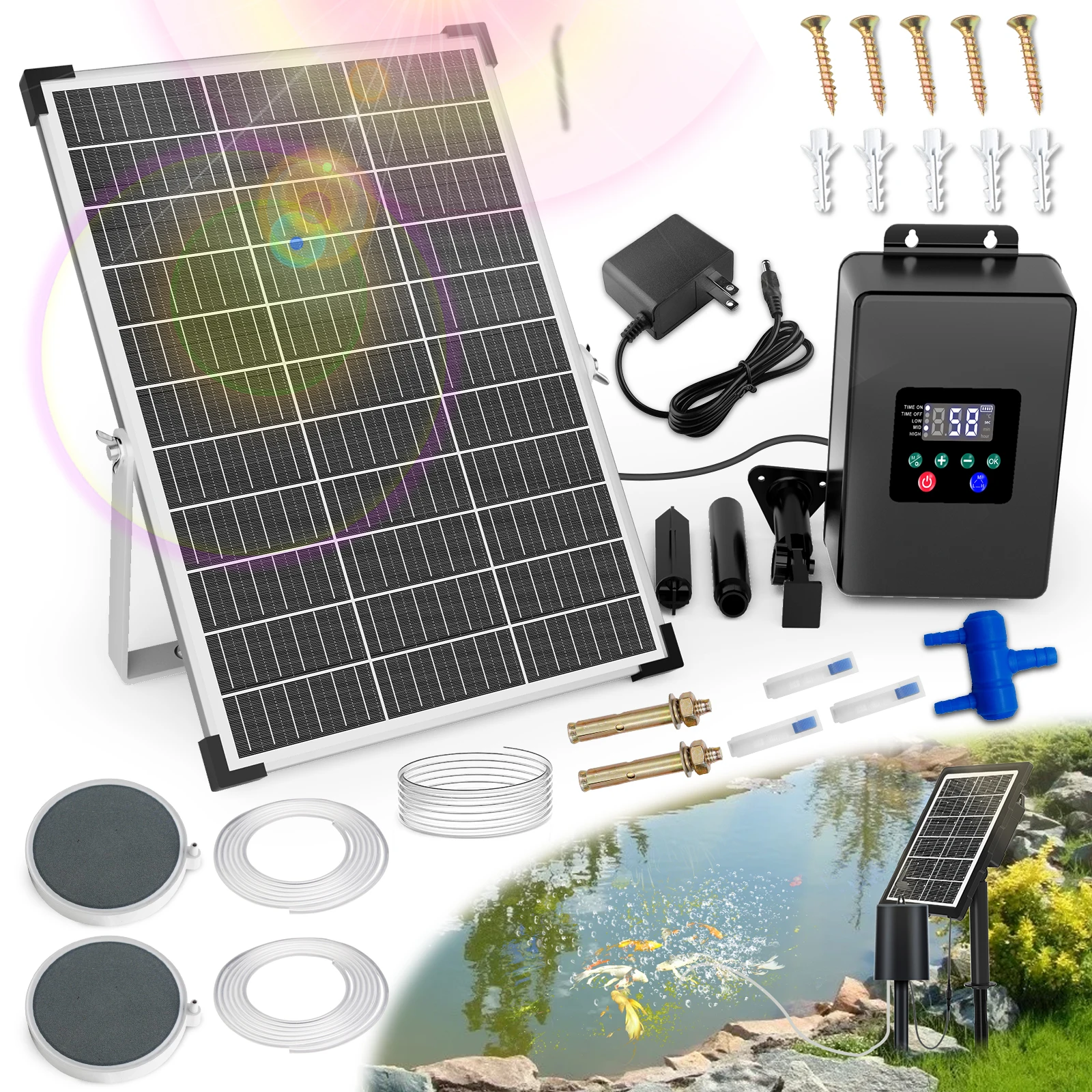 30W Solar-Belüfterpumpe mit Batterie, Luftschläuchen und Belüftungssteinen für Fischteiche und Aquarien Image
