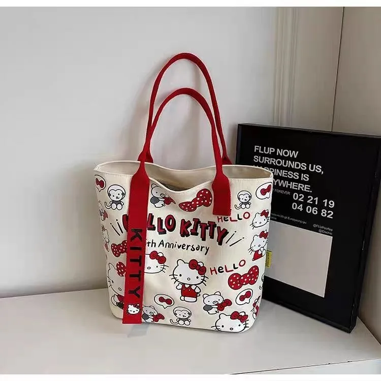 Kawaii Sanrio Hello Kitty Canvas-Umhängetasche – Handtasche mit großem Fassungsvermögen, Rucksack, Schultasche, Geschenk für Mädchen zum Geburtstag
