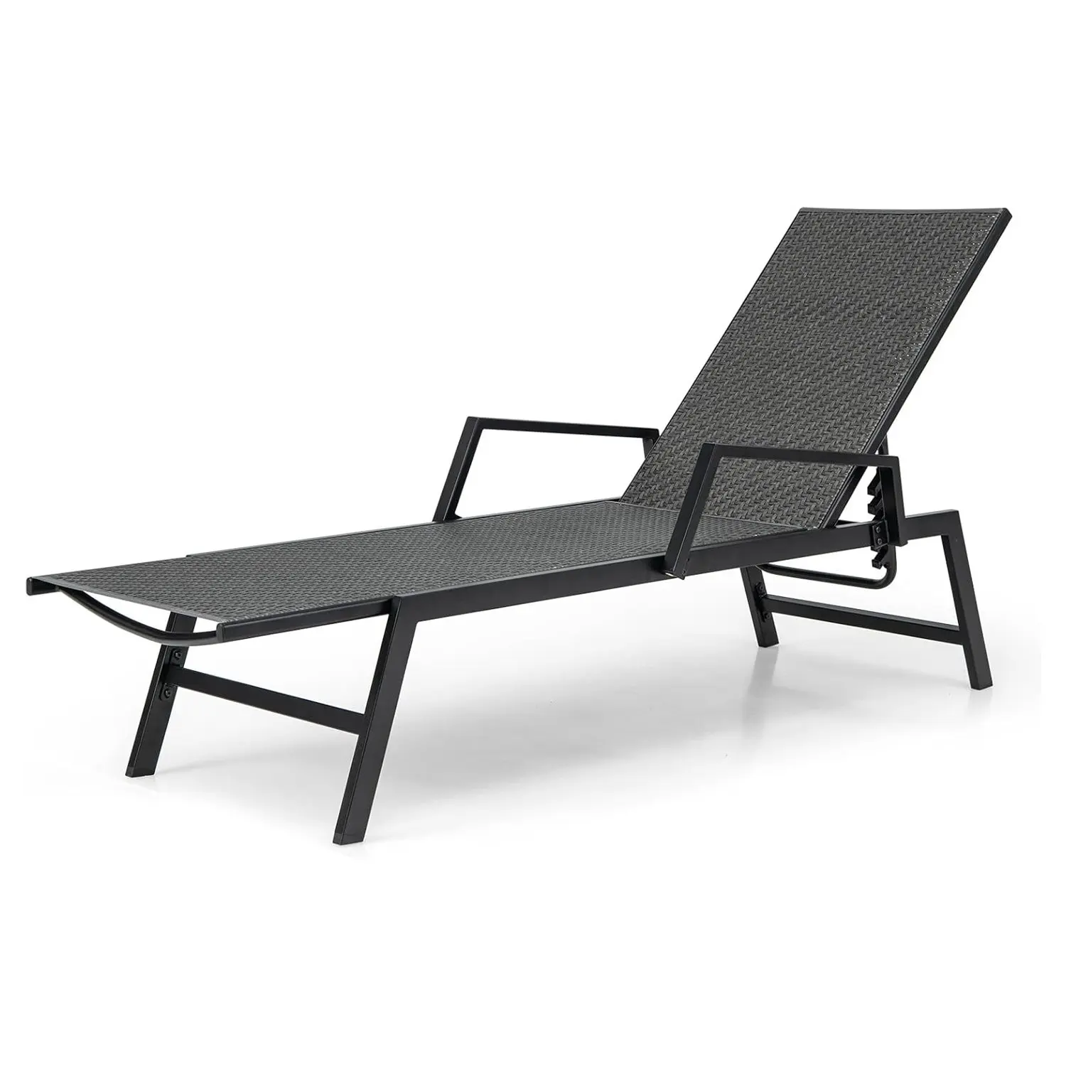 Rattan-Sonnenliege, Gartenliege mit verstellbarer Rückenlehne und Armlehnen, Terrassenliege bis 150 kg, für Garten, Terrasse, Pool