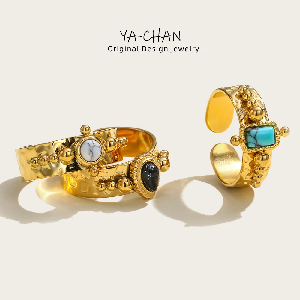 YACHAN Luxus 18 Karat vergoldete Edelstahl ringe für Frauen schwarz weiß blau Naturstein trend igen Vintage ästhetischen Schmuck