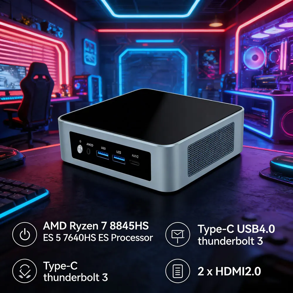 Mini PC de bureau à domicile économique AMD Ryzen 7 8845HS ES 5 7640HS ES Type-C Thunderbolt 3 2xHDMI 2.0 Mini ordinateur NUC Windows 11 Pro