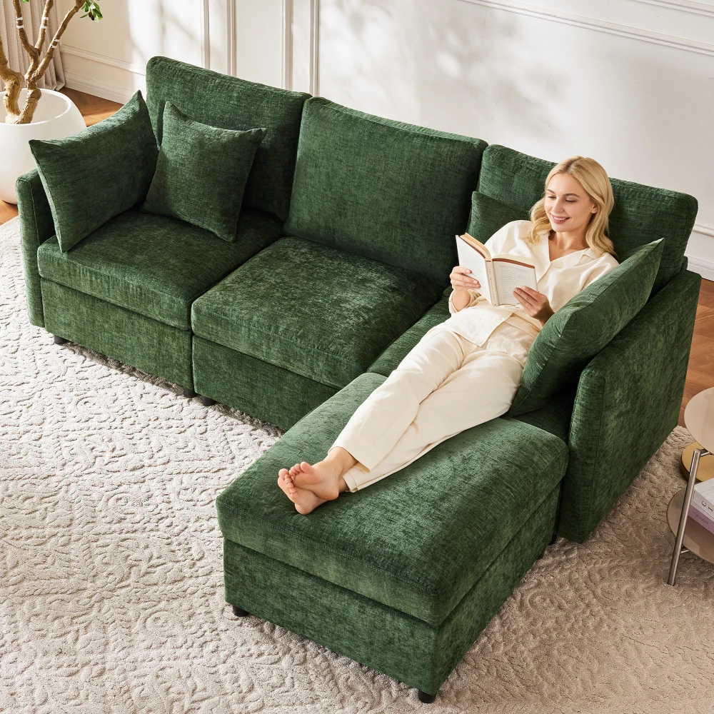 Modernes Grünes L-förmiges Modulares Ecksofa Konvertierbares Sofa mit Beweglichem Ottoman & 4 Chenille-Kissen Komfortables Akzent-Sofa Image