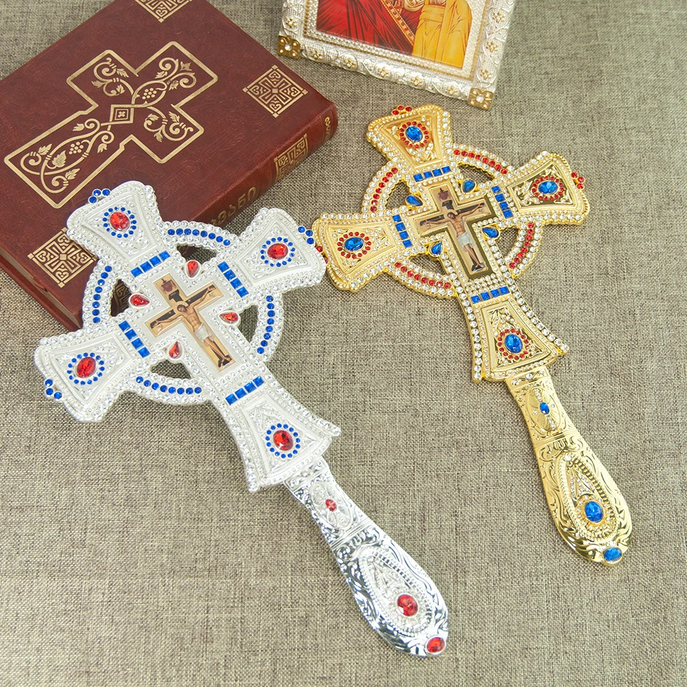 Vergoldetes Katholisches Orthodoxes Segenskreuz mit Strass für Kirchenliturgie, Hausaltar, Gebet, Andacht, Christliches Geschenk