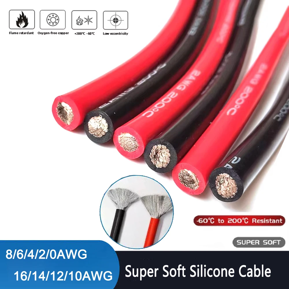 1/2/3/5/10M Superweiches Silikonkabel rot schwarz 0AWG 2 4 6 8AWG 10 12 14 16AWG Hitzebeständiges Autobatterie-Stromkabel Image