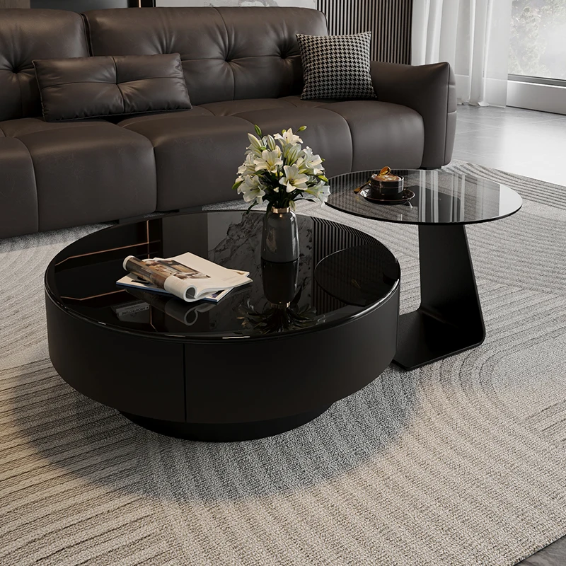 Italienische Luxus-Couchtische in Schwarz, glänzend, rund, für Wohnzimmer, modernes Couchtisch-Set, einfache Wohnmöbel aus gehärtetem Glas, FYCT Image