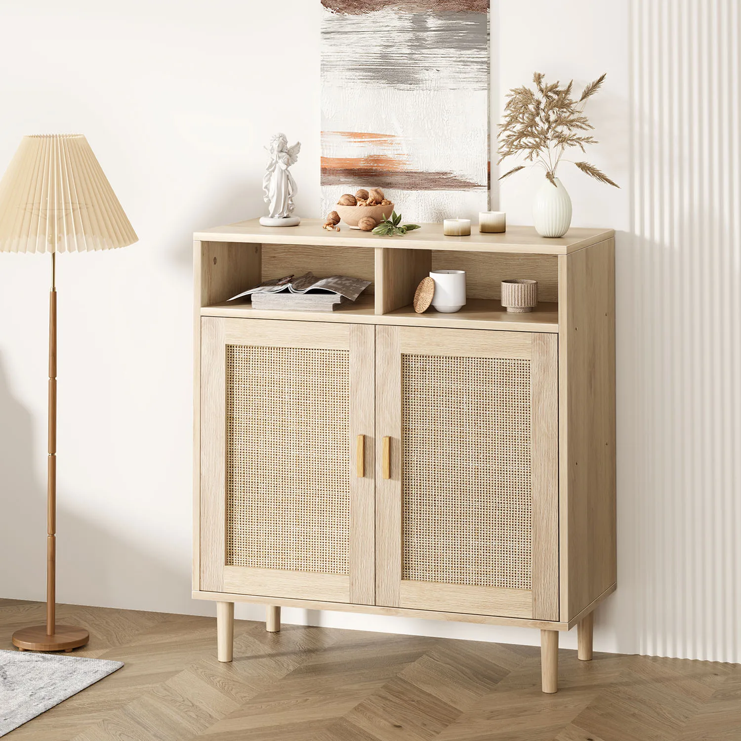 Rattan-Buffet-Sideboard-Set – 4 Türen, verstellbare Regale – Wohnmöbel für den Eingangsbereich, Wohnzimmer, Esszimmer, Küche