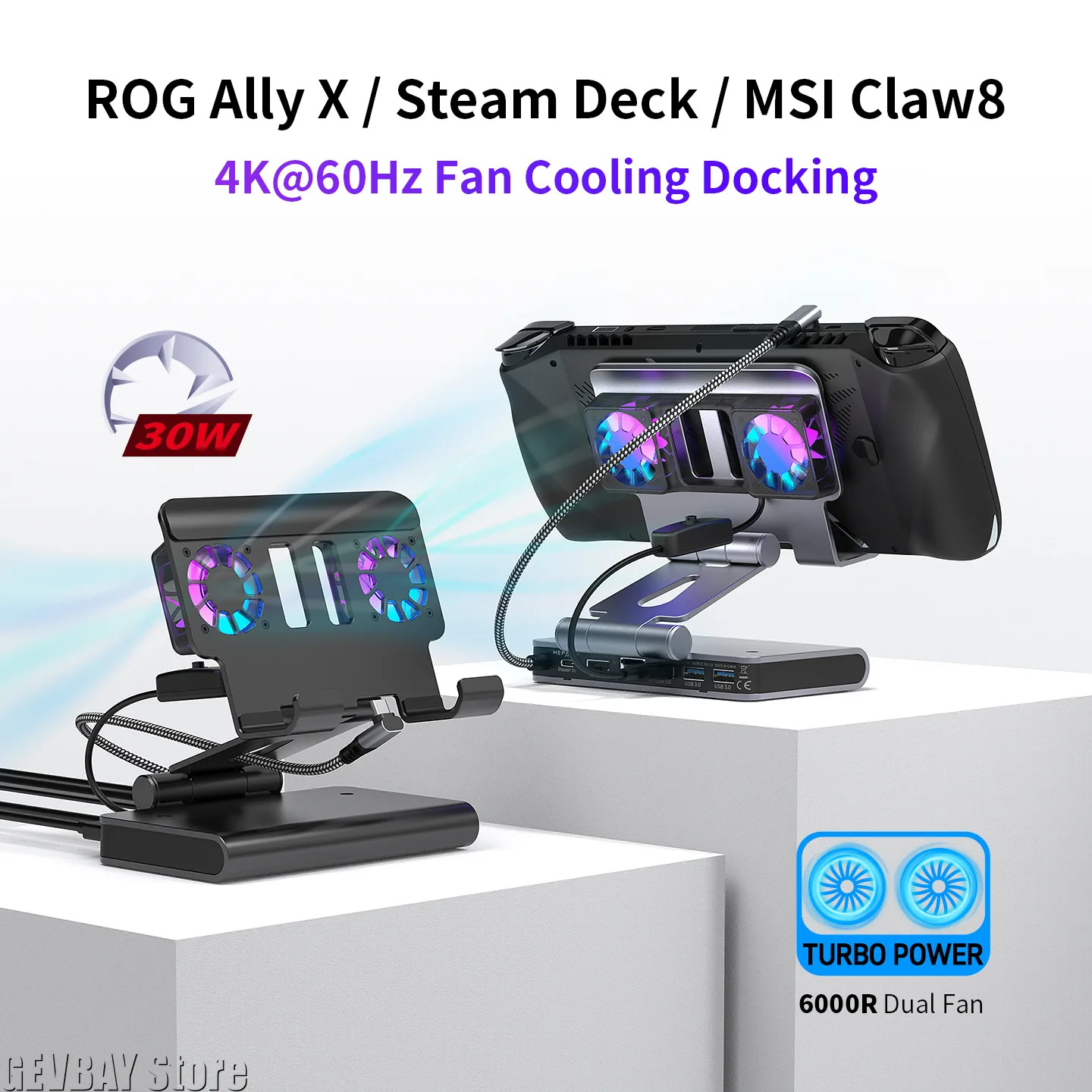 6-in-1-Gaming-Konsolen-Kühldock mit Metallhalterung, RGB-Dual-Lüfter, höhenverstellbar, für ROG ALLY Steam Deck LEGION Go Ipad Image