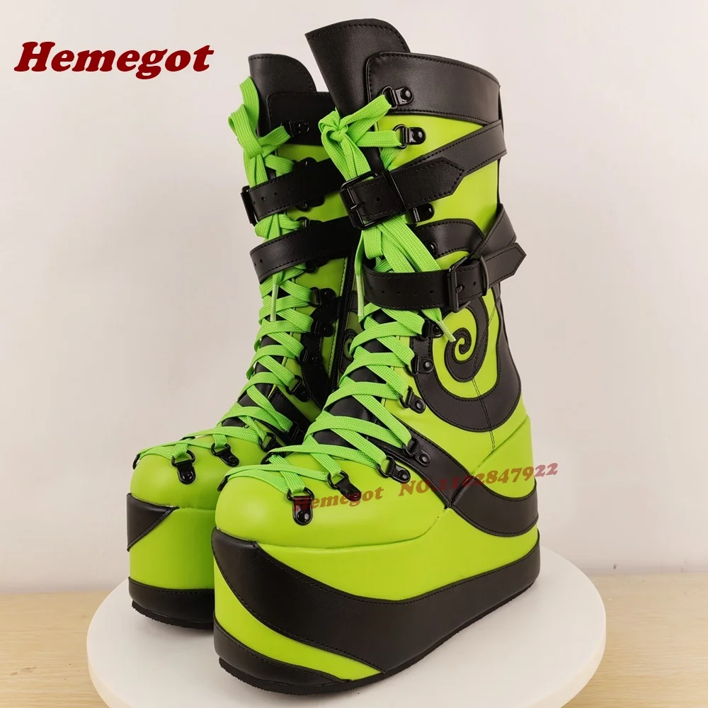 Fluoreszierende grüne Vortex Plateau Wedges Stiefeletten Gothic Lace-Up Gothic Y2K Damenstiefel Lolita Patchwork Freizeitschuhe