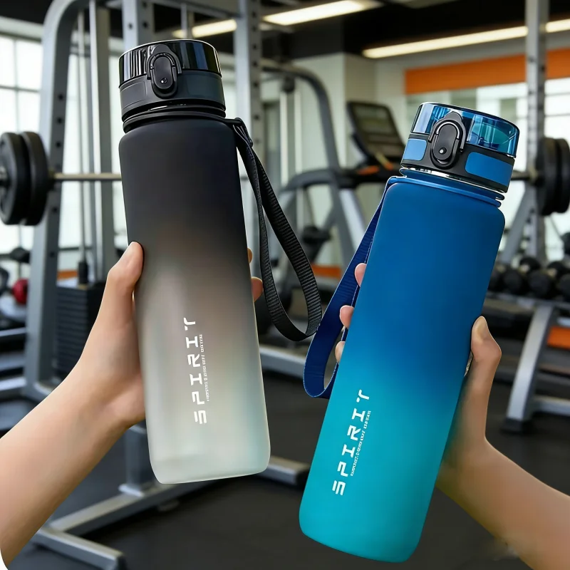 600ml/750ml/1000ml Sportwasserflasche mit großem Fassungsvermögen, Farbverlauf, Plastikbecher, Trinkflasche, Outdoor, Strand, Reise, tragbar, Fitness Image