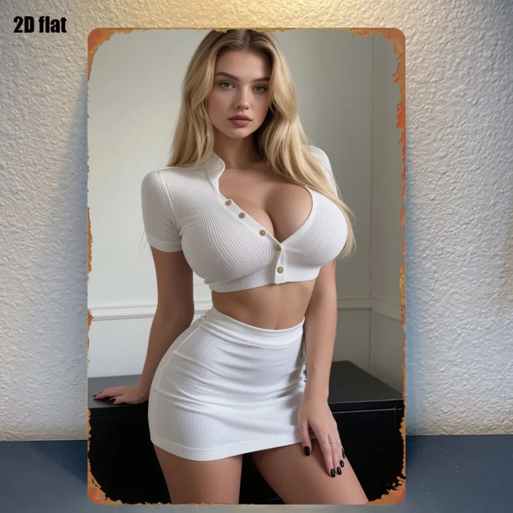 Vintage Blondine Schönheit mit langen, gewellten Haaren in weißem geripptem Button-Down Crop Top & Minirock-Set, die im Innenbereich posiert - Metallblechschild Image