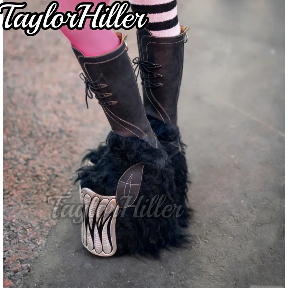 Gothic-Style Teufelszahn-Kniehohe Stiefel mit Patchwork-Plattform, Schnürung und Fellbesatz, Street-Leder 2026, Superdicksohlige Neue Schuhe Image