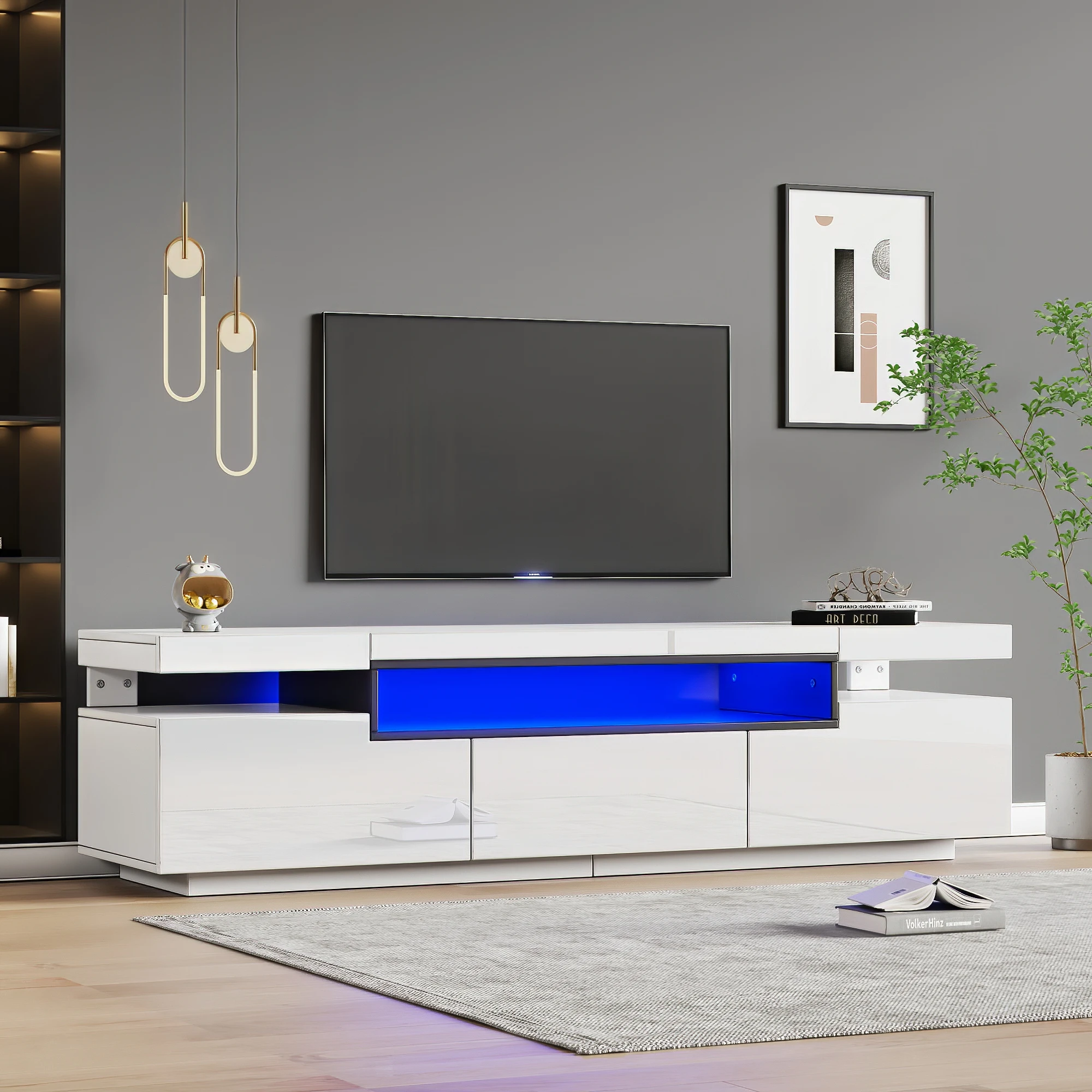 Meuble TV 3 tiroirs avec LED 16 couleurs - - pour TV 70 pouces, panneaux de particules blanc 160 × 39 × 42 cm Image
