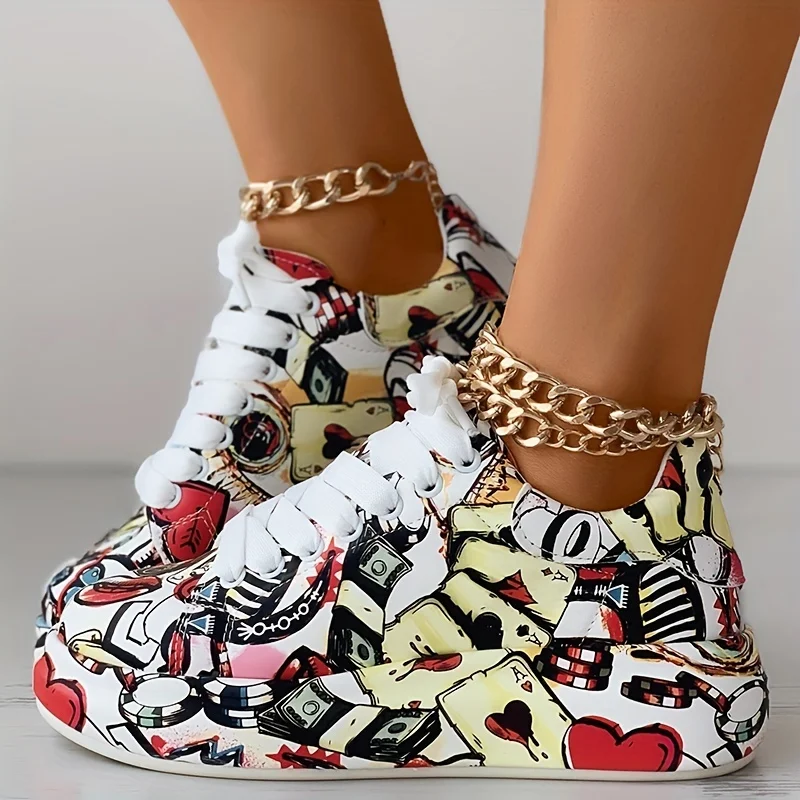 Damen-Sneaker mit Graffiti-Druck, modische Schnür-Low-Top-Plateau-Sneaker, lässige Skateboard-Schuhe, Sneakers, neue vulkanisierte Schuhe
