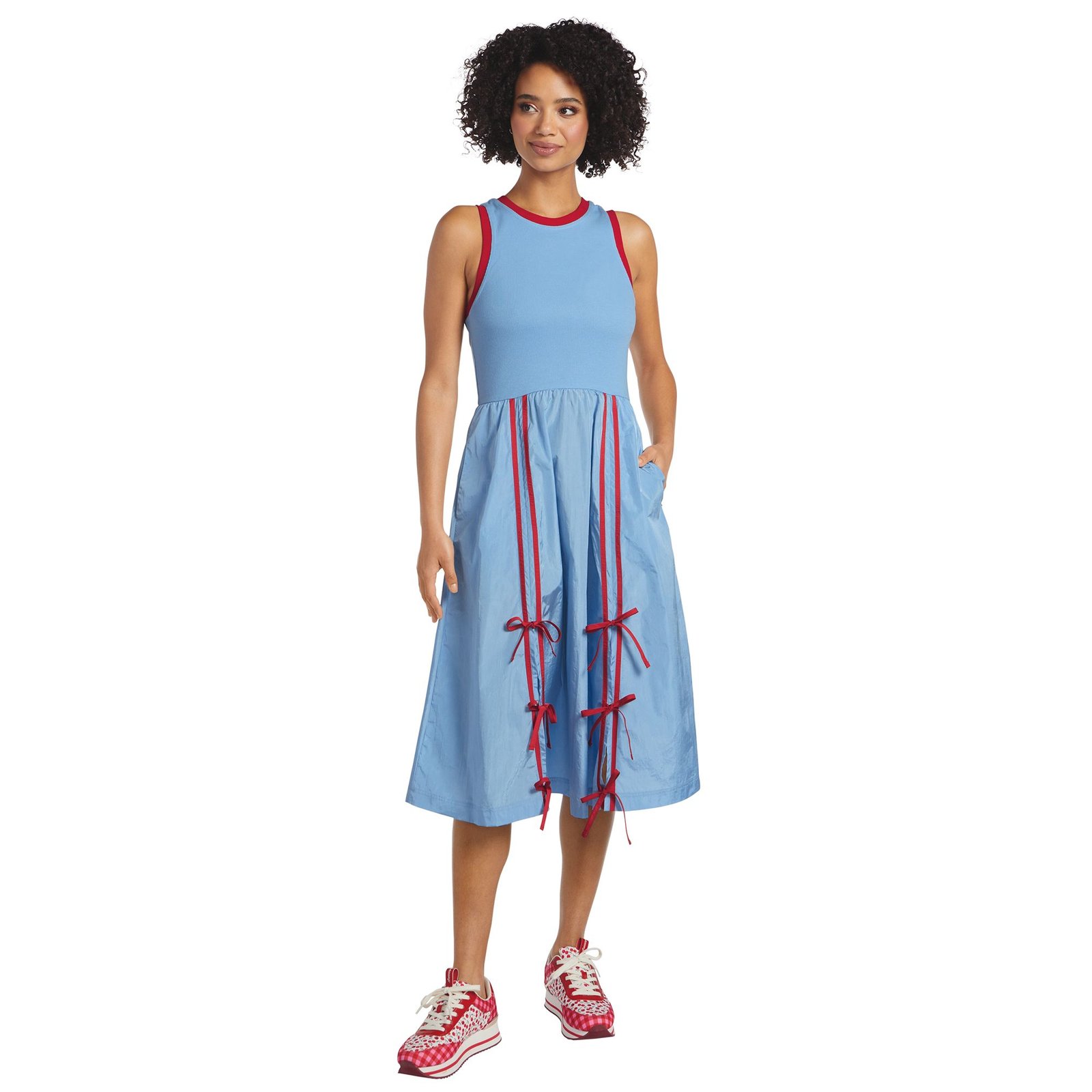 Masseys Bow Anywhere Athleisure Dress (Size L) Cool Blue/Red, Cotton,Nylon,Spandex