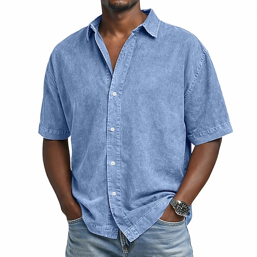 SoftFade™ Camicia da Uomo Camicia Casual Camicia Button Up 100% Cotone Camicia Acid Wash Camicia Acid Wash Nera Rosa Blu Marino Viola Verde Maniche Corte Camicia Piana Collo Casual Quotidiano