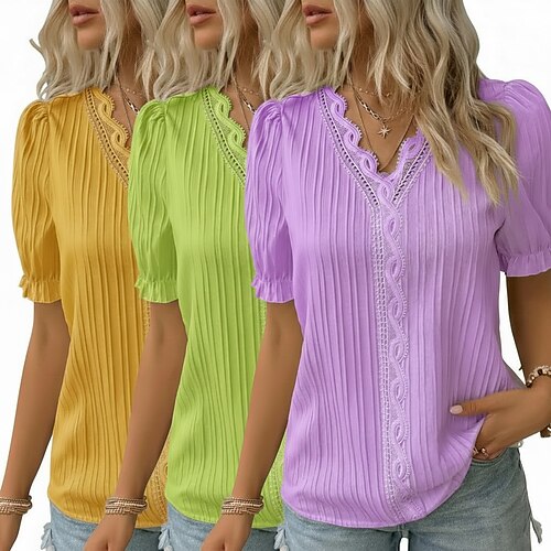 multi pack 3pcs donna texture camicetta t shirt tee top pizzo patchwork tinta unita moda elegante classico manica corta scollo a V top regolare casual quotidiano spiaggia biancofucsiagiallo