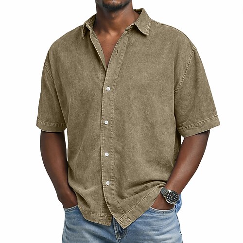 SoftFade™ Camicia da Uomo Camicia Casual Camicia Button Up 100% Cotone Camicia Acid Wash Camicia Acid Wash Nera Rosa Blu Marino Viola Verde Maniche Corte Camicia Piana Collo Casual Quotidiano