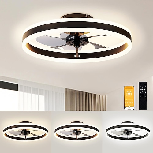 Ventilatori da soffitto a basso profilo con luci e telecomando, ventilatori da soffitto a filo da 19,7 pollici con luce, ventilatore a LED dimmerabile Fandelier da 3000k-6500k, ventilatori da soffitto neri con luci per camera da letto