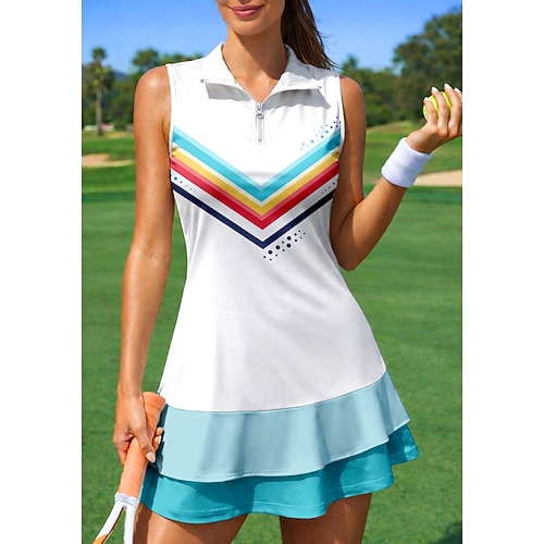 Per donna Geometrico A righe Abito da tennis Abito sportivo Abito polo da tennis Senza Maniche Cerniera Zip a un quarto Elastico Traspirante Pallavolo Tennis Golf Colletto Collo ripiegato Vestito