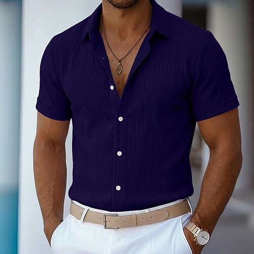 Per uomo Camicia Camicia Estiva Camicia casual Camicia da Spiaggia Camicia con Bottoni Camicia Jacquard Blu marino Manica Corta Semplice Bavero Casuale Abbigliamento casual alla moda Abbigliamento