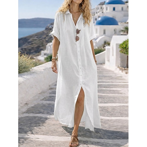 abito lungo da donna abiti effetto lino abito casual abito basic casual quotidiano vacanza vestibilità regolare tinta unita camicia a maniche lunghe colletto bianco verde chiaro rosa estate