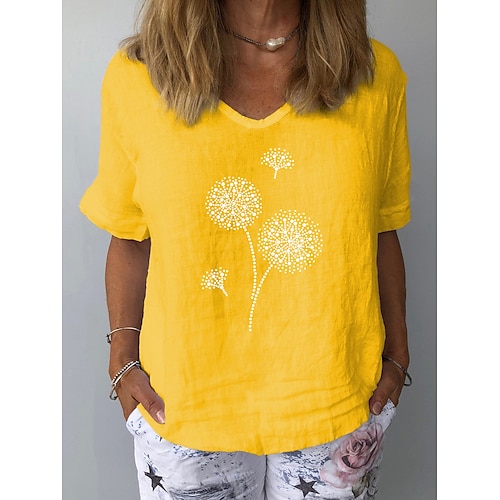 Per donna Camicie effetto lino Maglietta Stampato Grafico Dente di leone Moda Elegante Classico Manica Corta Scollo a V Top Regolari Quotidiano Uscire Weekend Bianco Giallo Blu inchiostro Grigio