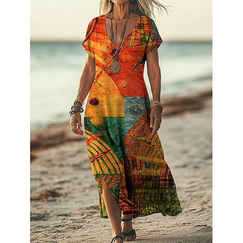 Per donna Abito lungo maxi Abito Boho Vestito Casual Abito a trapezio Abito Stampato Vintage All'aperto Vacanza Weekend Vestibilità comoda Blocco di colori Manica Corta Scollo a V Arcobaleno Estate