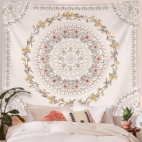 mandala floreale neutro, fiore rosa, foglie marroni, motivo circolare botanico, crema, arazzo da parete, arazzo da parete, testiera per camera da letto, soggiorno, dormitorio, decorazione estetica,