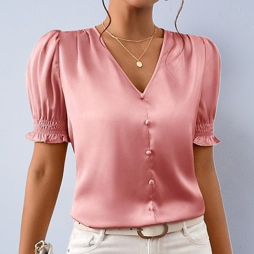 Per donna Camicia camicetta di raso Camicia elegante Tinta unica Semplice Elegante Moda Casual Manica Corta Manica a Palloncino Scollo a V Top Regolari Abbigliamento casual alla moda Ufficio Lavoro