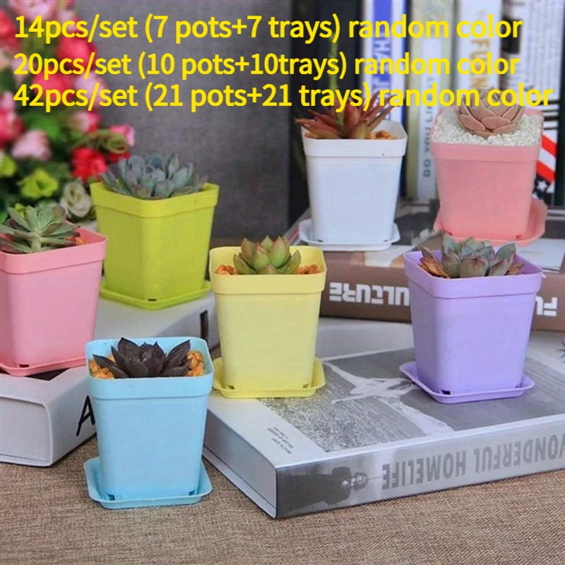 Set di 14/20/42 vasi colorati per fiori, vasi quadrati in plastica con sottovasi, vasi per piante succulente, colori a scelta.