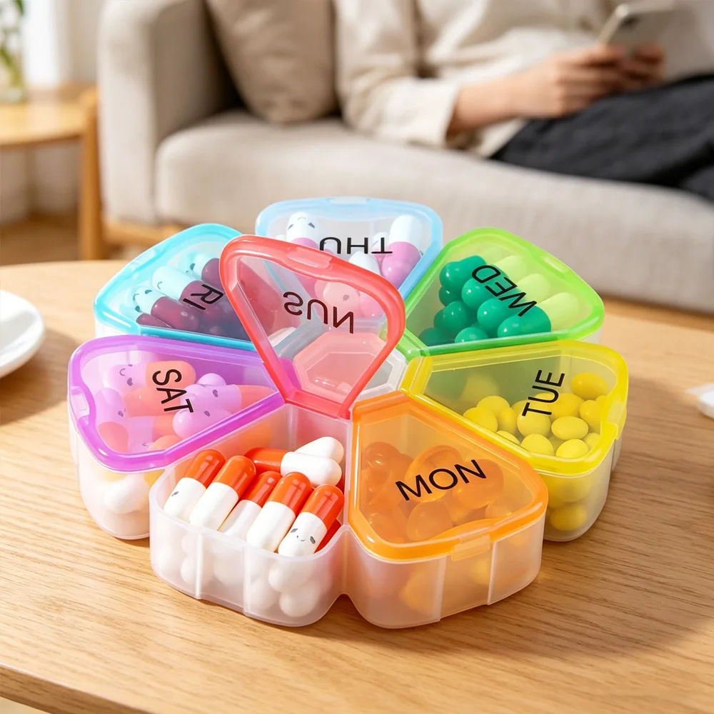 Tragbarer 7-Tage-Pillenorganizer mit Regenbogen-Blumenmuster Kleiner Reise-Pillenbehälter für Vitamine Image