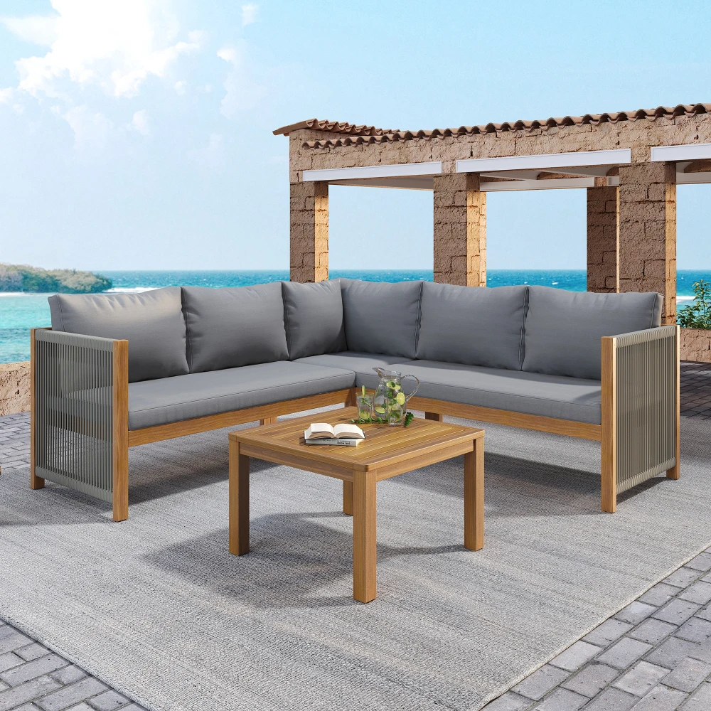 Akazienholz Gartenmöbel-Set Geflochtenes Seil-Ecksofa 2-Sitzer Couch Couchtisch für Außenbereich und Terrasse